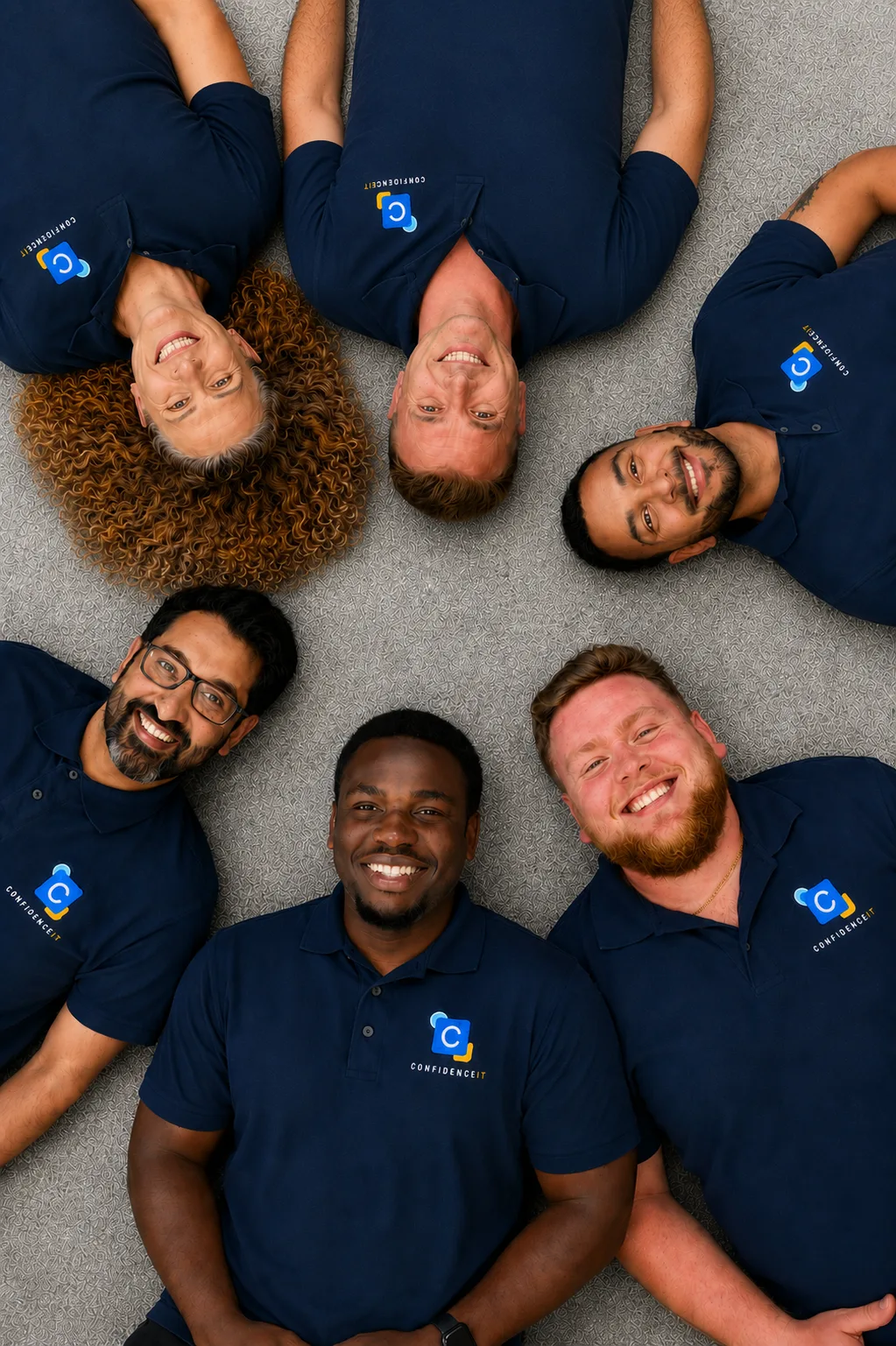 The Confidence IT team lying in a circle, smiling up at the camera in branded polos