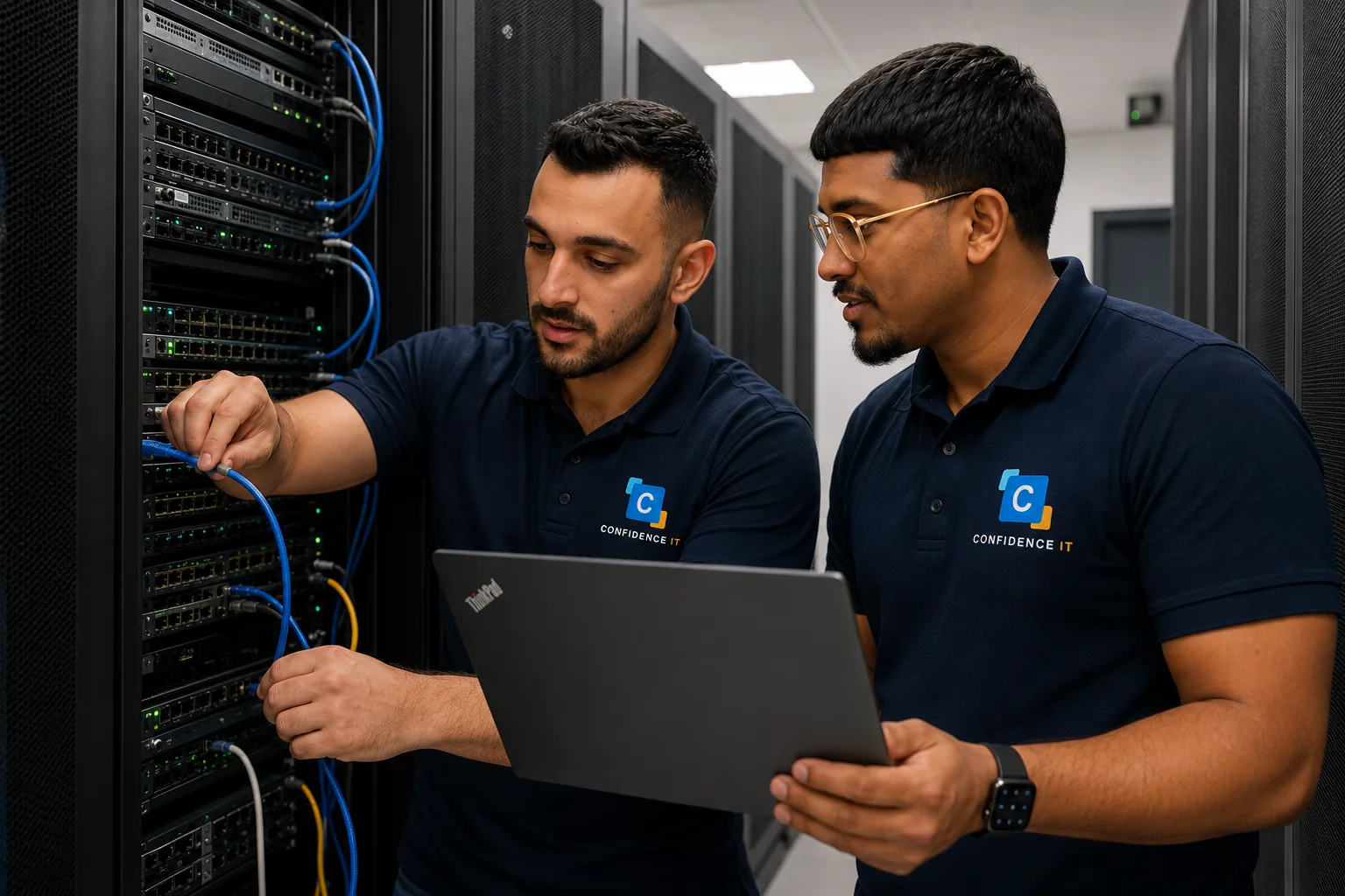 A Confidence IT engineer connecting cables in a server rack