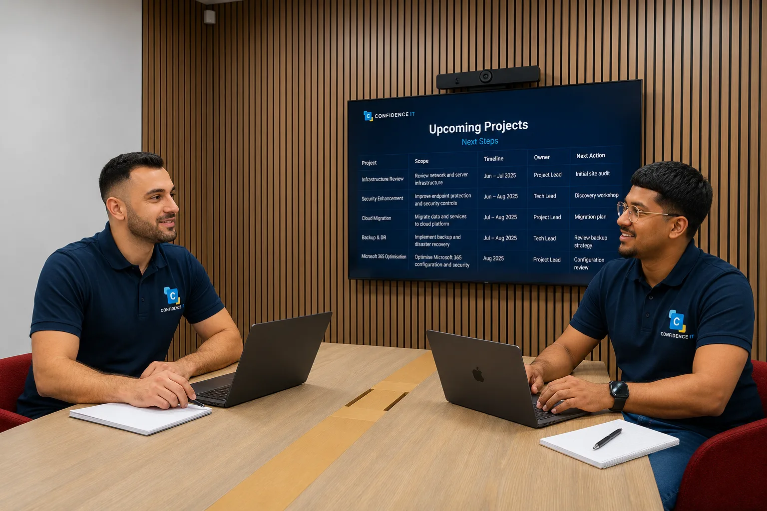 Two Confidence IT team members collaborating at a meeting table